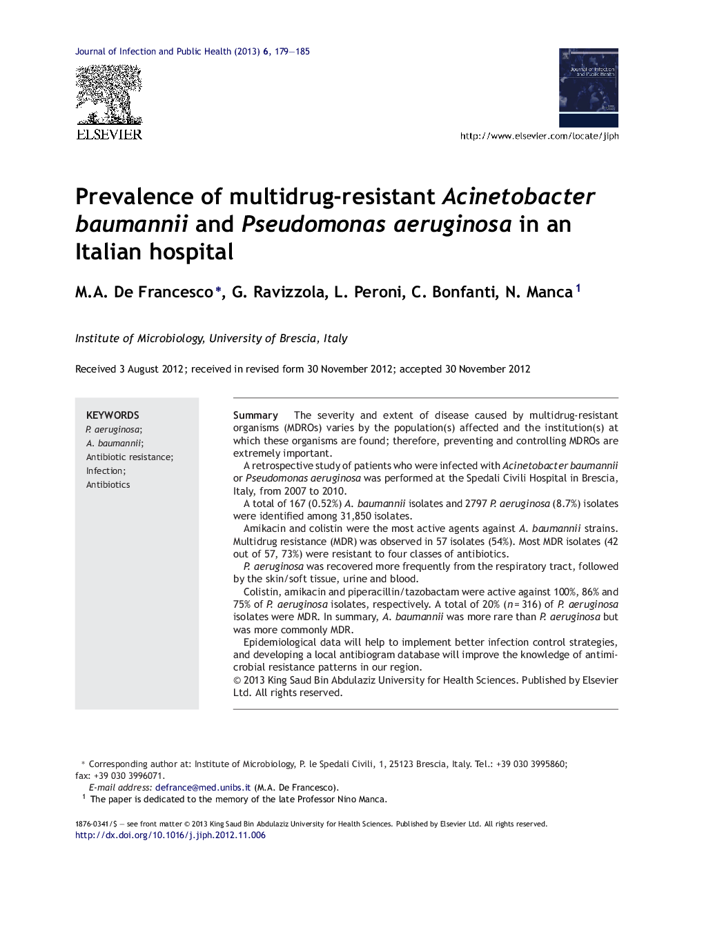 Prevalence of multidrug-resistant Acinetobacter baumannii and Pseudomonas aeruginosa in an Italian hospital