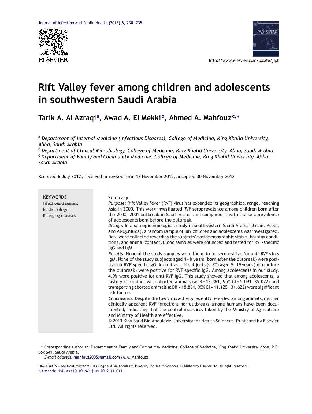 Rift Valley fever among children and adolescents in southwestern Saudi Arabia