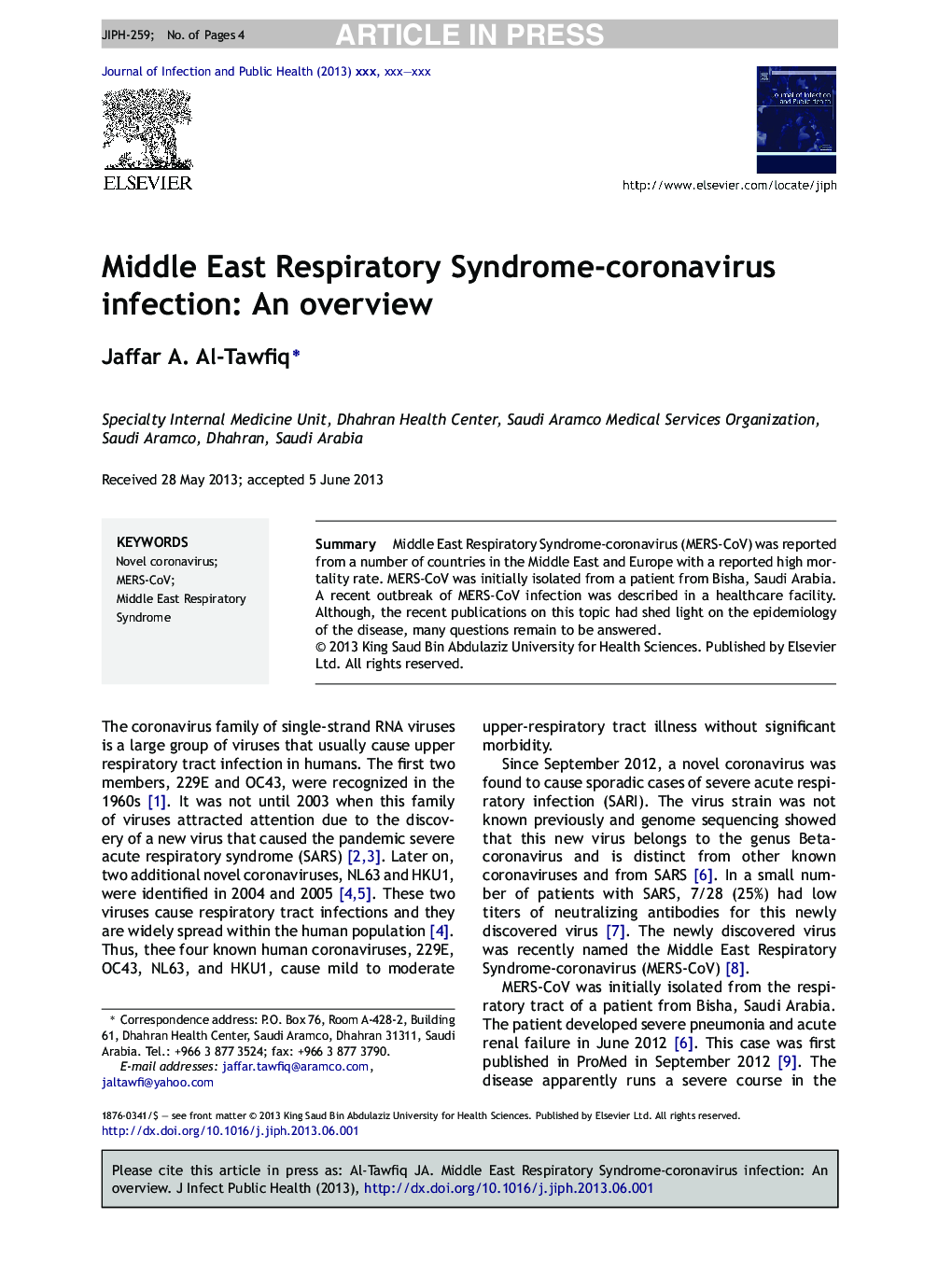 Middle East Respiratory Syndrome-coronavirus infection: An overview