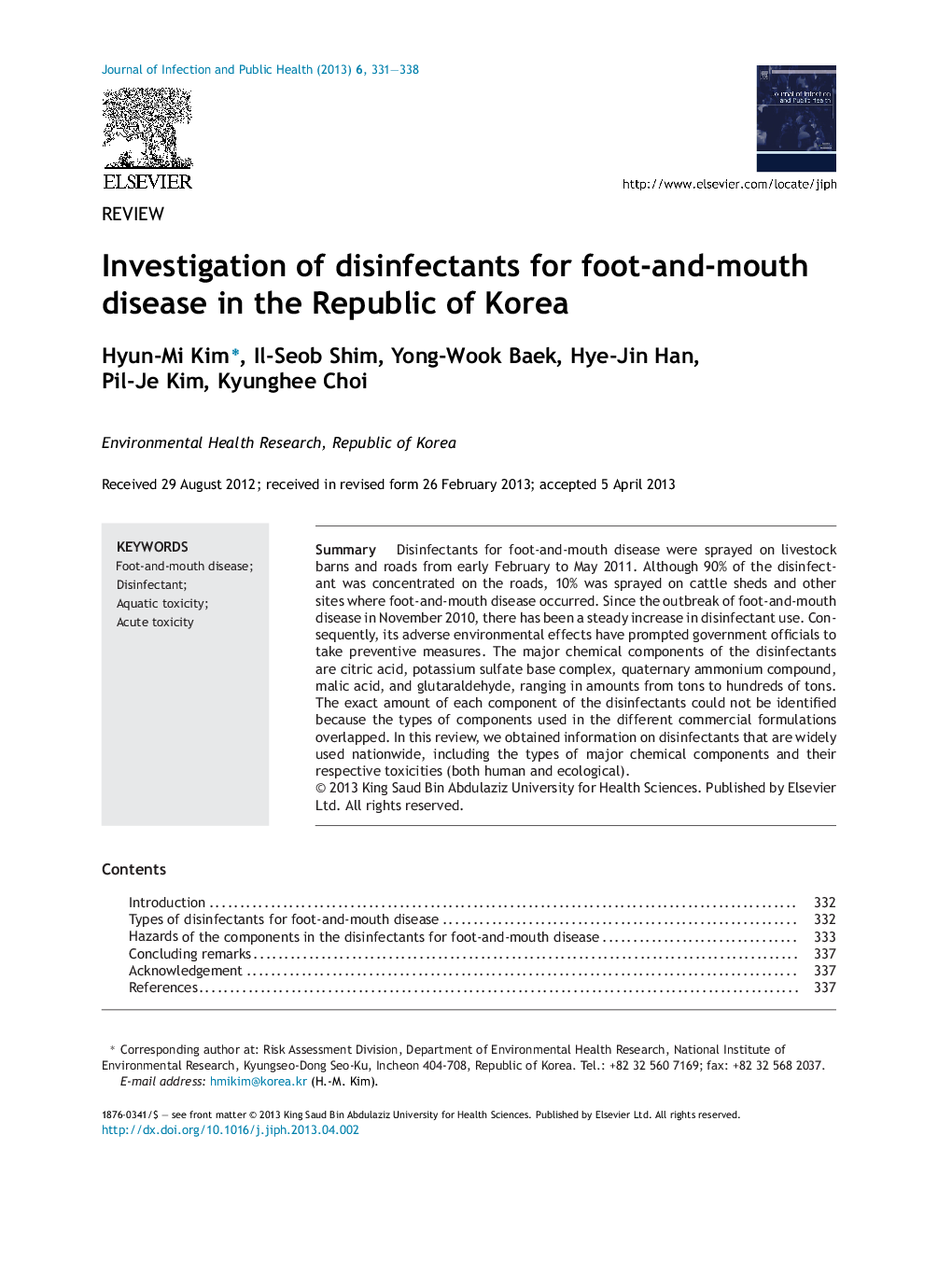 Investigation of disinfectants for foot-and-mouth disease in the Republic of Korea