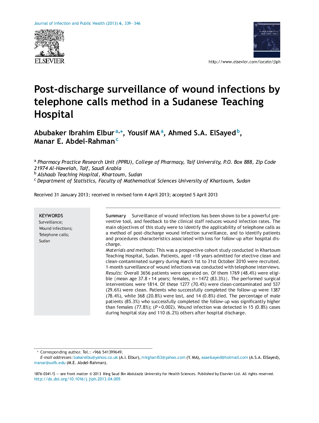 Post-discharge surveillance of wound infections by telephone calls method in a Sudanese Teaching Hospital