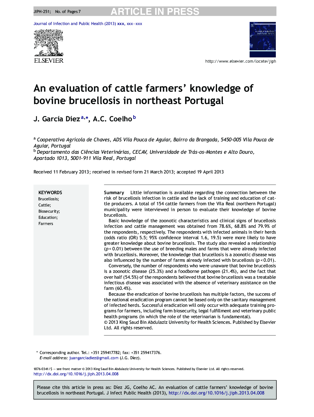 An evaluation of cattle farmers' knowledge of bovine brucellosis in northeast Portugal