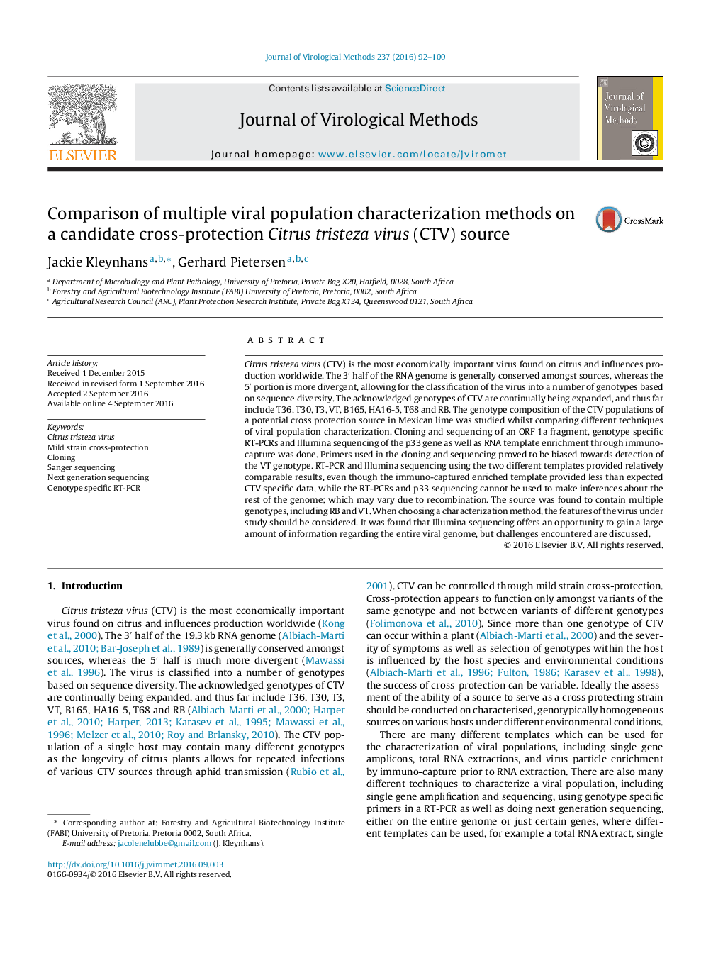 Comparison of multiple viral population characterization methods on a candidate cross-protection Citrus tristeza virus (CTV) source