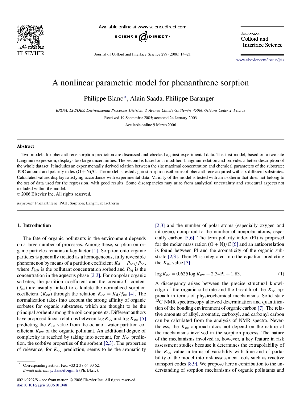 A nonlinear parametric model for phenanthrene sorption