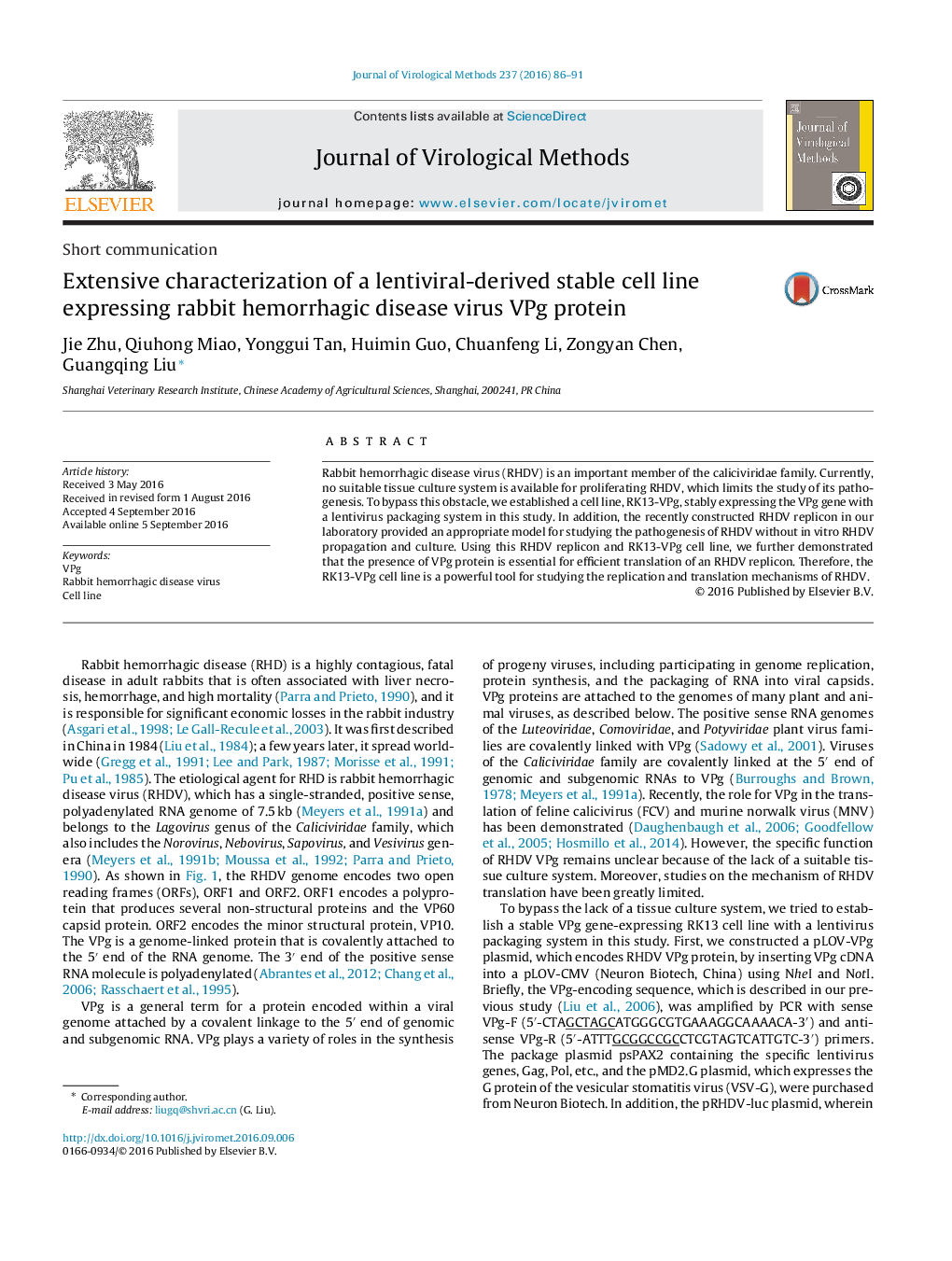 Extensive characterization of a lentiviral-derived stable cell line expressing rabbit hemorrhagic disease virus VPg protein