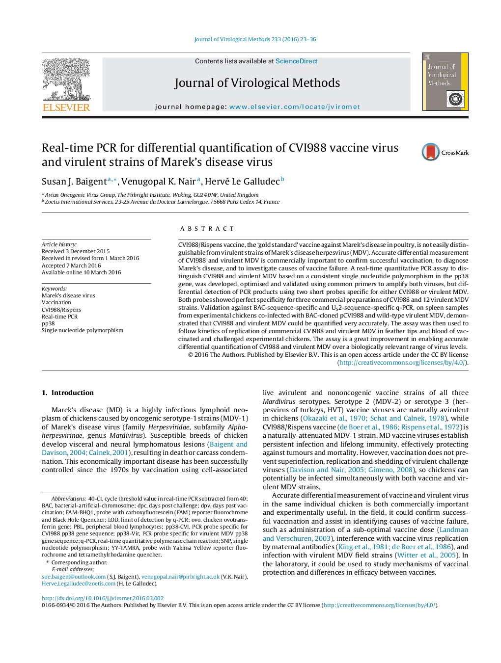 عکس صفحه اول مقاله: Real-time PCR for differential quantification of CVI988 vaccine virus and virulent strains of Marek's disease virus Real-time PCR for differential quantification of CVI988 vaccine virus and virulent strains of Marek's disease virus