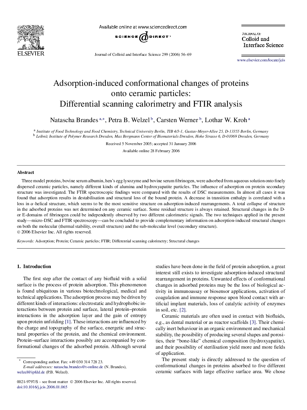 Adsorption-induced conformational changes of proteins onto ceramic particles: Differential scanning calorimetry and FTIR analysis