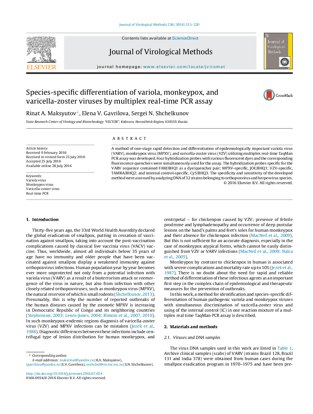 Species-specific differentiation of variola, monkeypox, and varicella-zoster viruses by multiplex real-time PCR assay