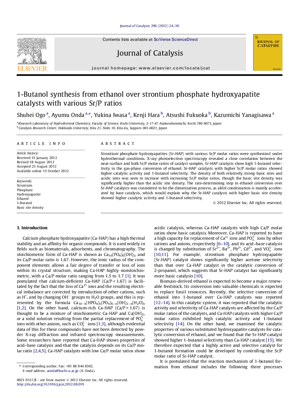 1-Butanol synthesis from ethanol over strontium phosphate hydroxyapatite catalysts with various Sr/P ratios