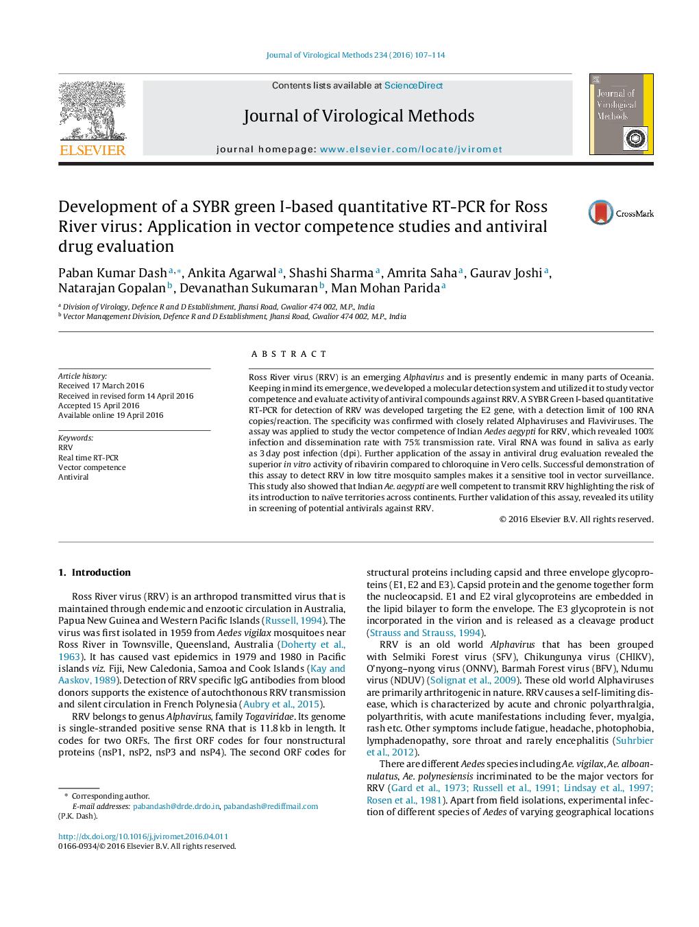 Development of a SYBR green I-based quantitative RT-PCR for Ross River virus: Application in vector competence studies and antiviral drug evaluation