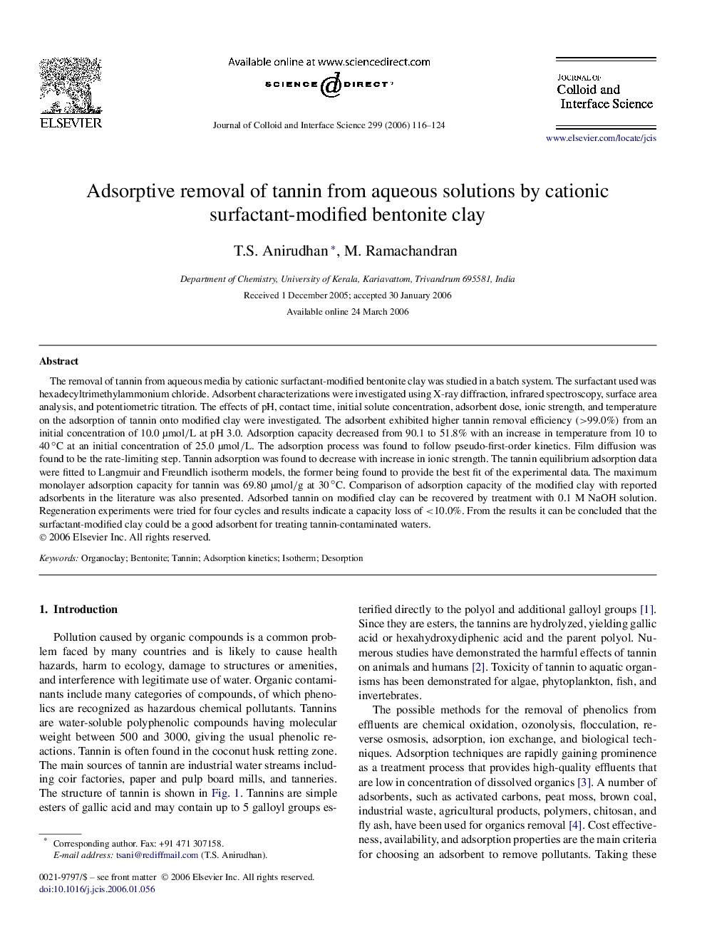 Adsorptive removal of tannin from aqueous solutions by cationic surfactant-modified bentonite clay