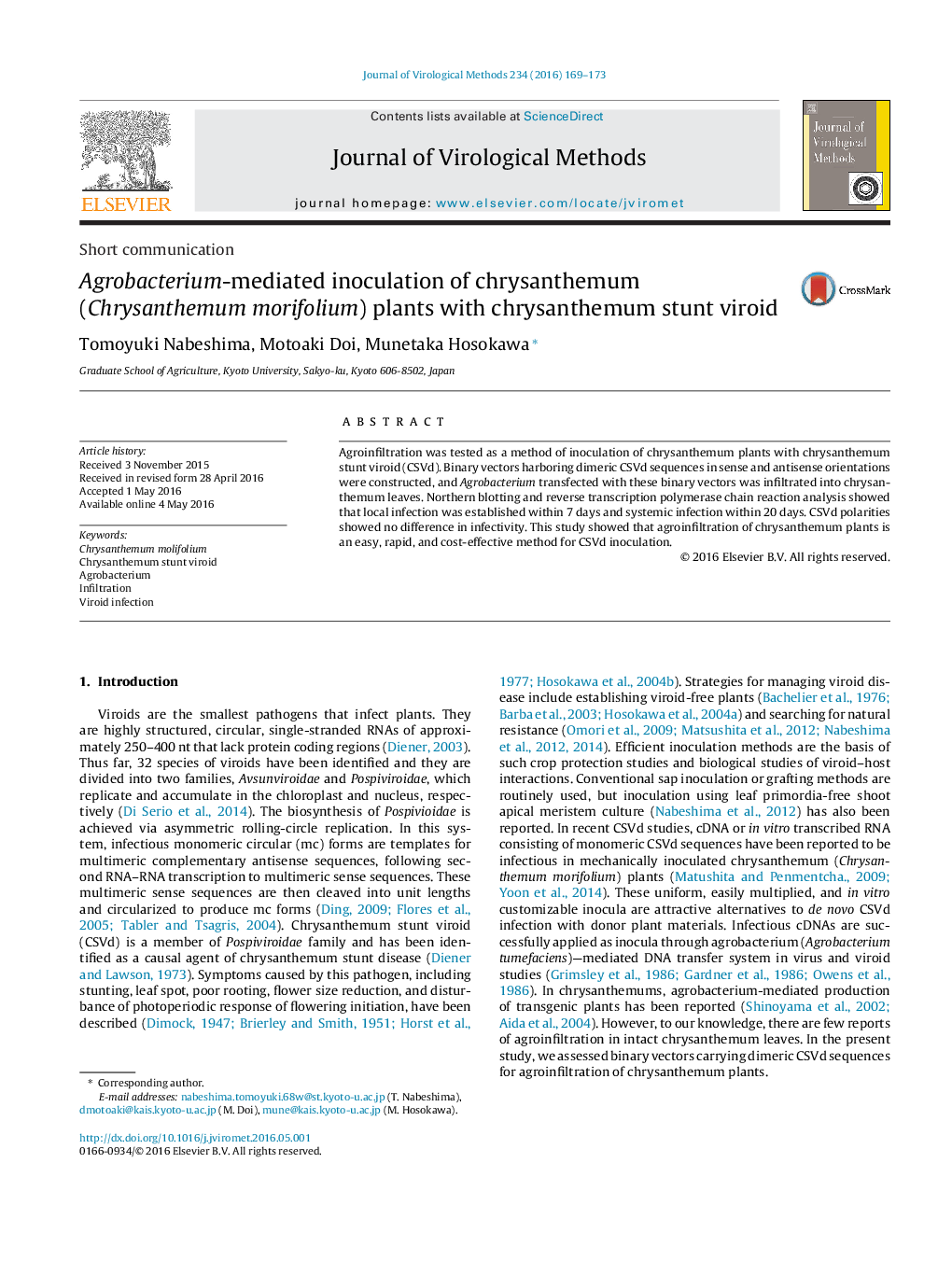 Agrobacterium-mediated inoculation of chrysanthemum (Chrysanthemum morifolium) plants with chrysanthemum stunt viroid