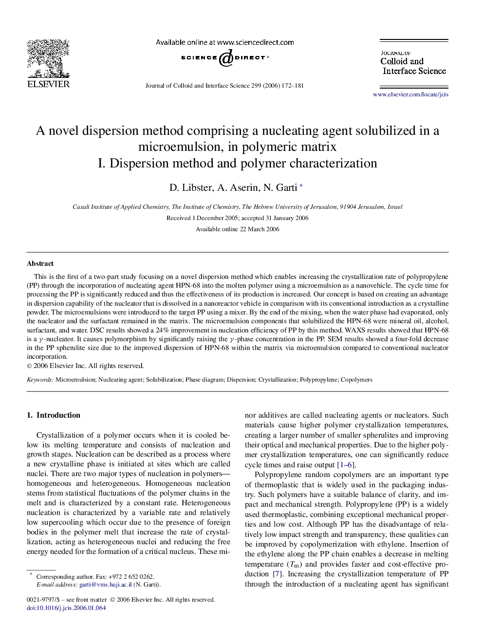 A novel dispersion method comprising a nucleating agent solubilized in a microemulsion, in polymeric matrix: I. Dispersion method and polymer characterization