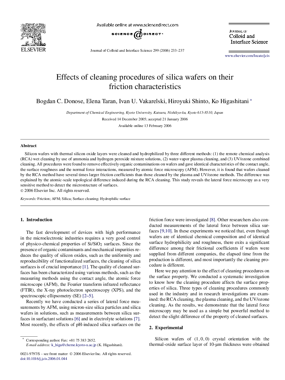 Effects of cleaning procedures of silica wafers on their friction characteristics