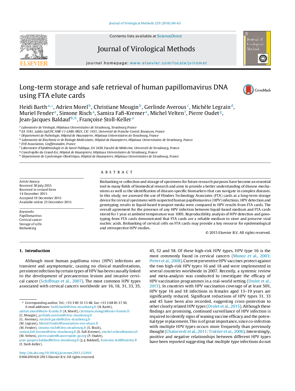 Long-term storage and safe retrieval of human papillomavirus DNA using FTA elute cards