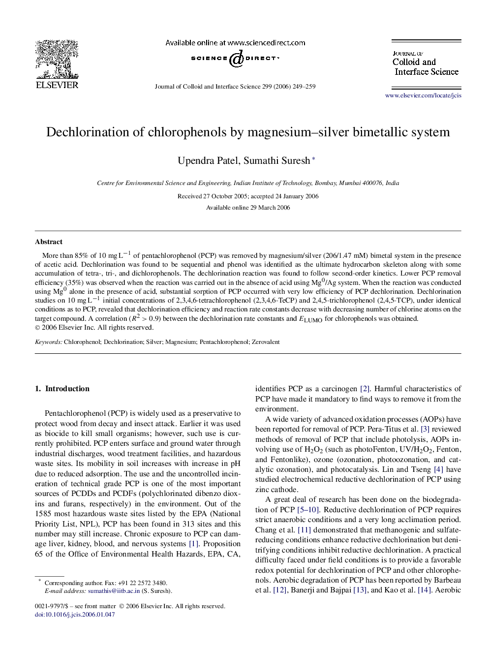 Dechlorination of chlorophenols by magnesium–silver bimetallic system