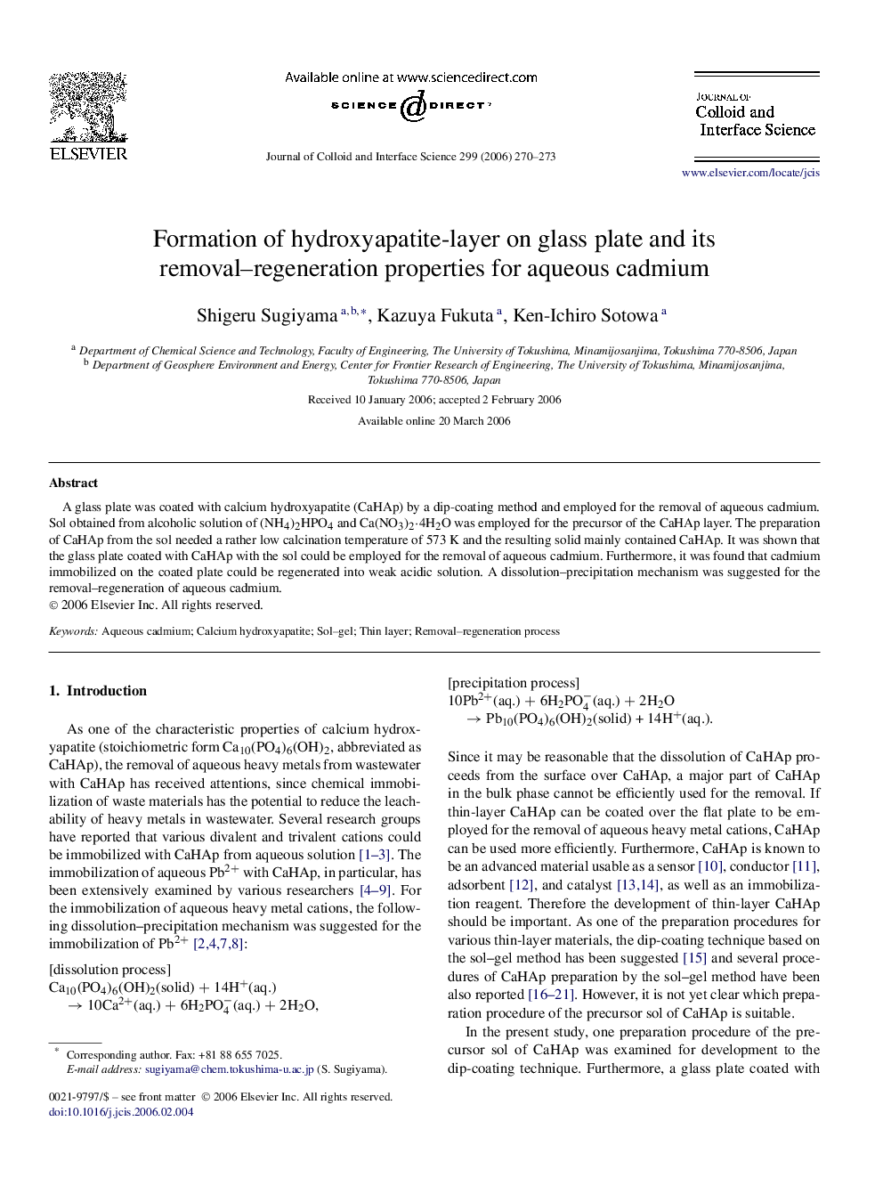 Formation of hydroxyapatite-layer on glass plate and its removal–regeneration properties for aqueous cadmium