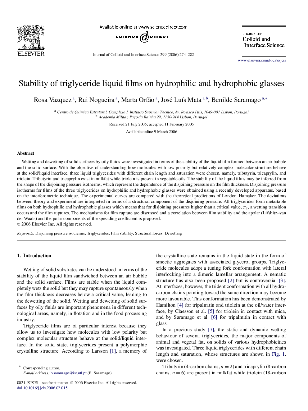 Stability of triglyceride liquid films on hydrophilic and hydrophobic glasses