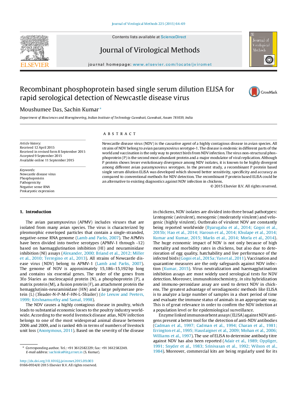 Recombinant phosphoprotein based single serum dilution ELISA for rapid serological detection of Newcastle disease virus