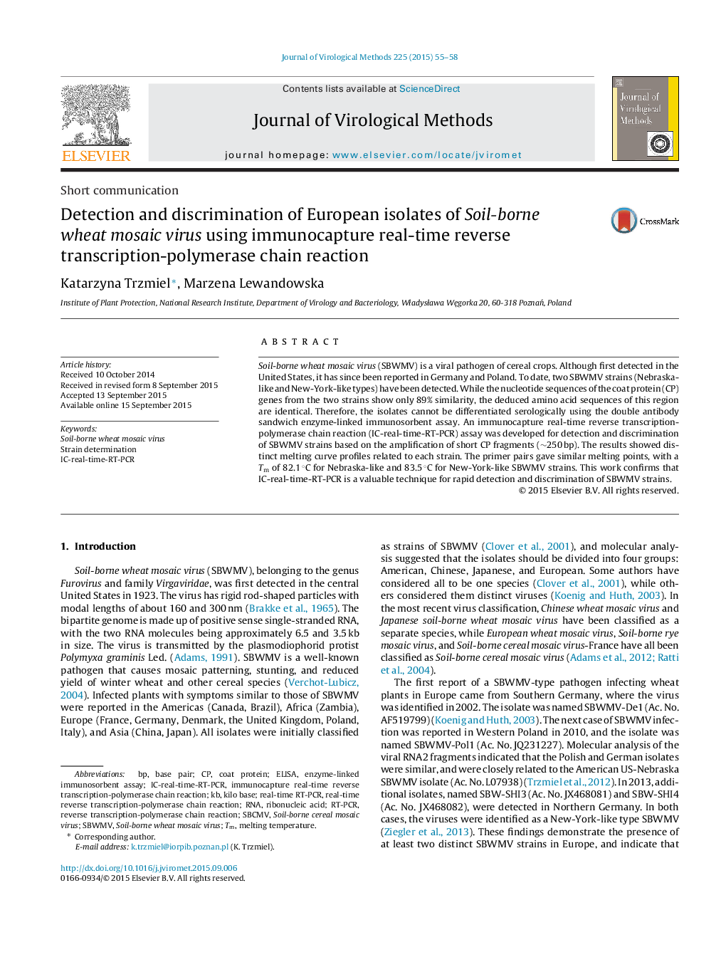 Detection and discrimination of European isolates of Soil-borne wheat mosaic virus using immunocapture real-time reverse transcription-polymerase chain reaction