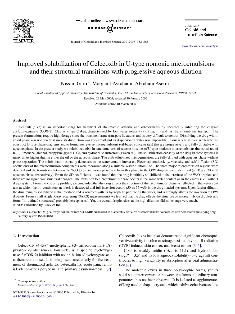 Improved solubilization of Celecoxib in U-type nonionic microemulsions and their structural transitions with progressive aqueous dilution