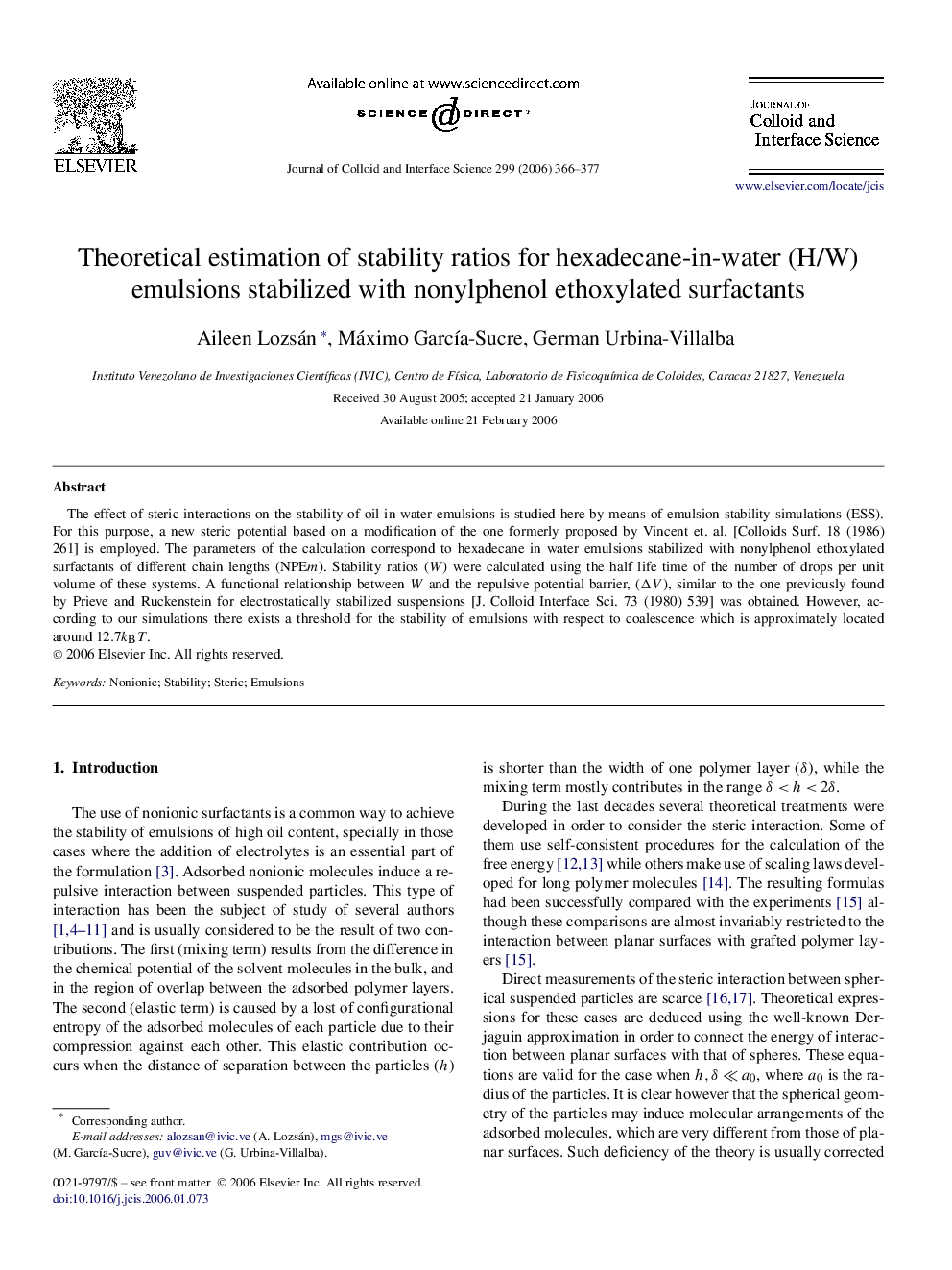 Theoretical estimation of stability ratios for hexadecane-in-water (H/W) emulsions stabilized with nonylphenol ethoxylated surfactants