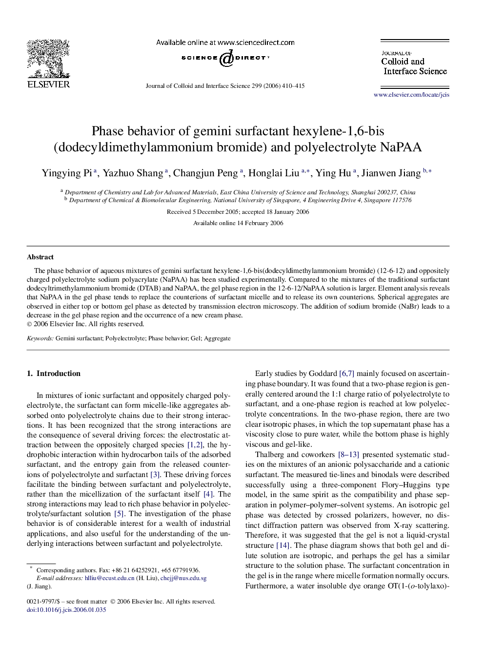 Phase behavior of gemini surfactant hexylene-1,6-bis(dodecyldimethylammonium bromide) and polyelectrolyte NaPAA