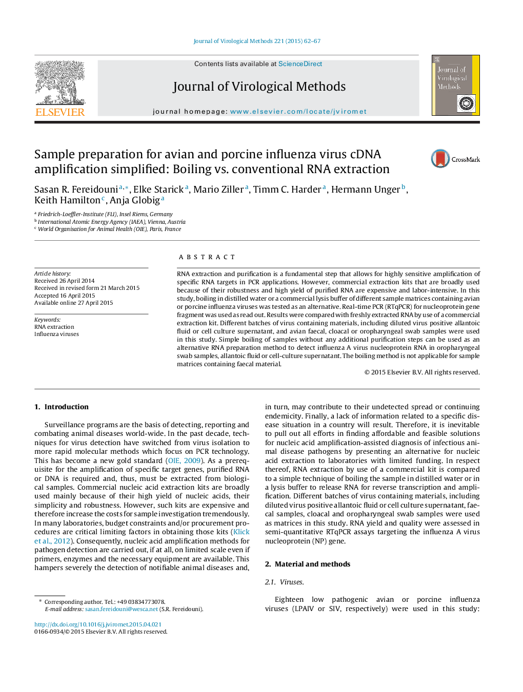 Sample preparation for avian and porcine influenza virus cDNA amplification simplified: Boiling vs. conventional RNA extraction