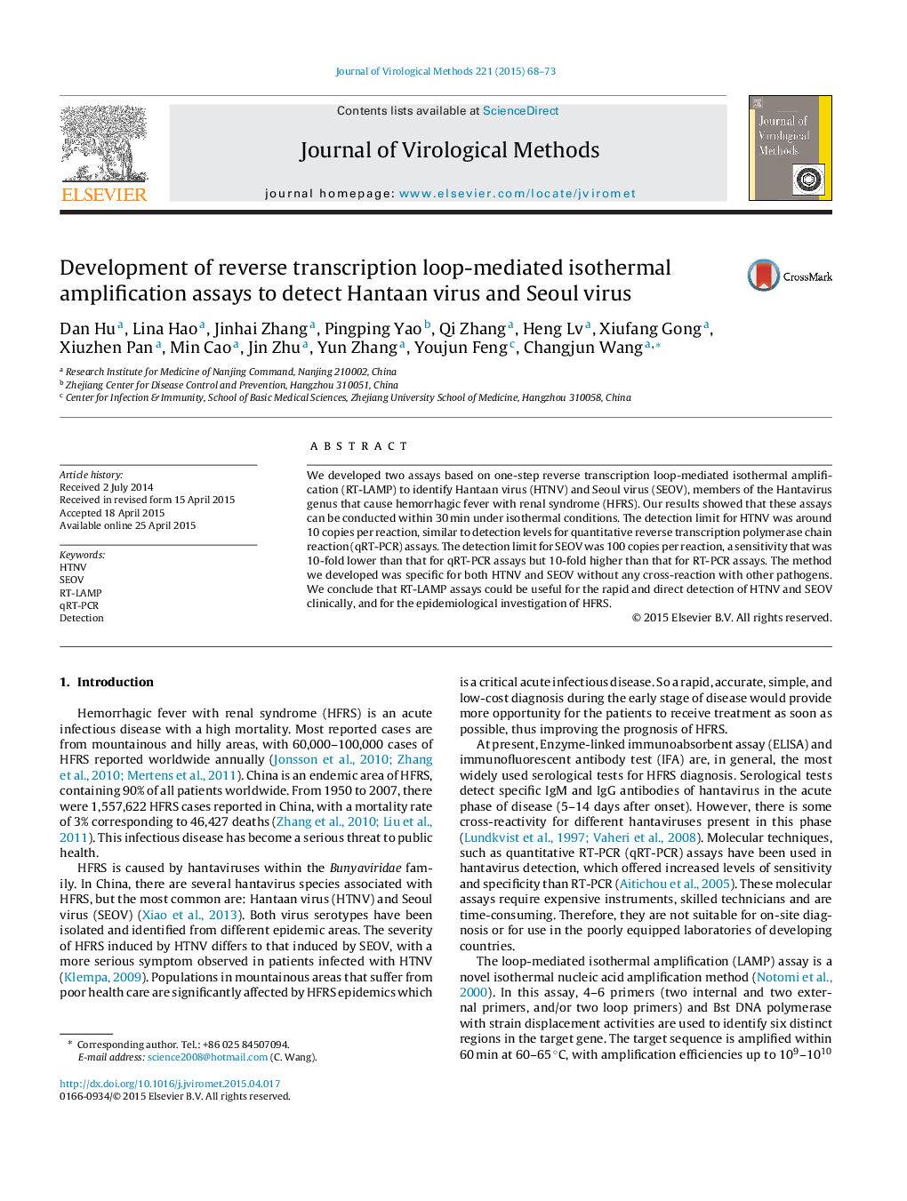 Development of reverse transcription loop-mediated isothermal amplification assays to detect Hantaan virus and Seoul virus