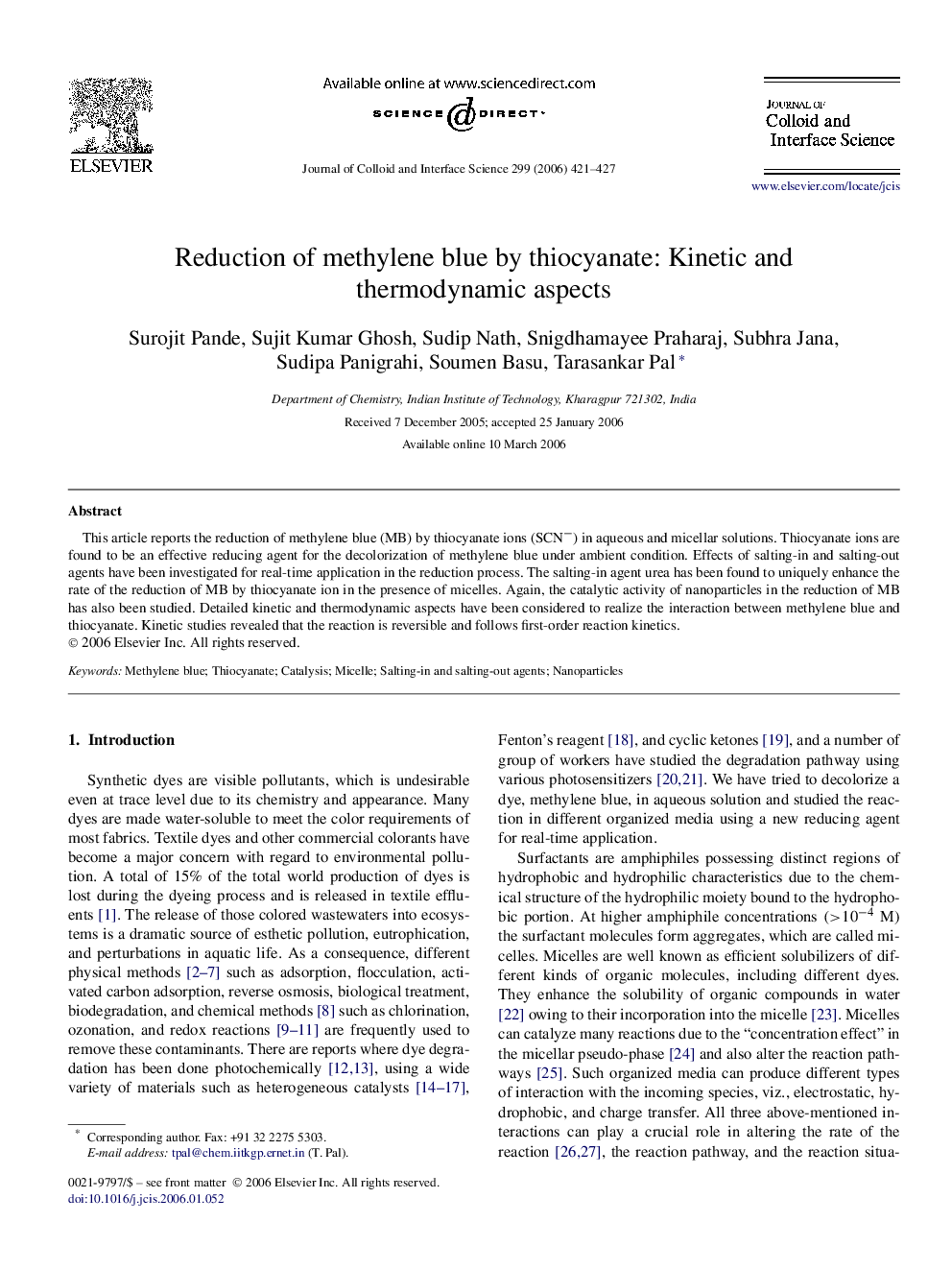 Reduction of methylene blue by thiocyanate: Kinetic and thermodynamic aspects