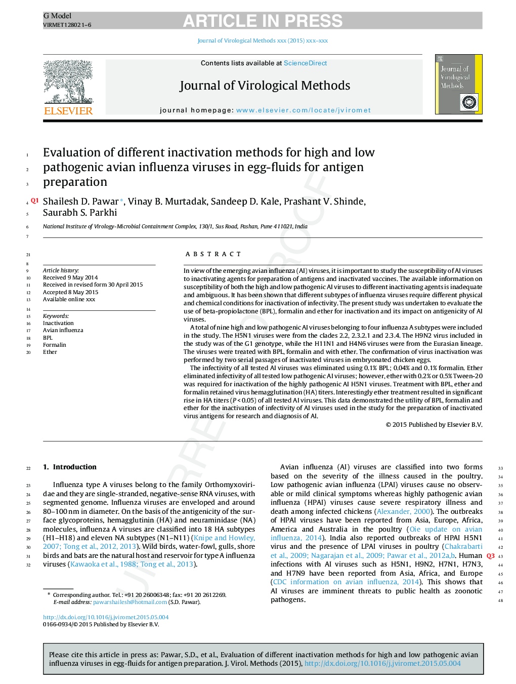 Evaluation of different inactivation methods for high and low pathogenic avian influenza viruses in egg-fluids for antigen preparation