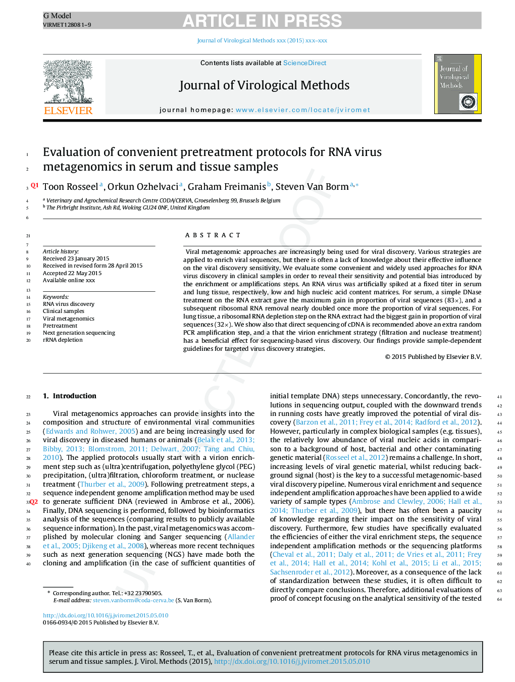 Evaluation of convenient pretreatment protocols for RNA virus metagenomics in serum and tissue samples