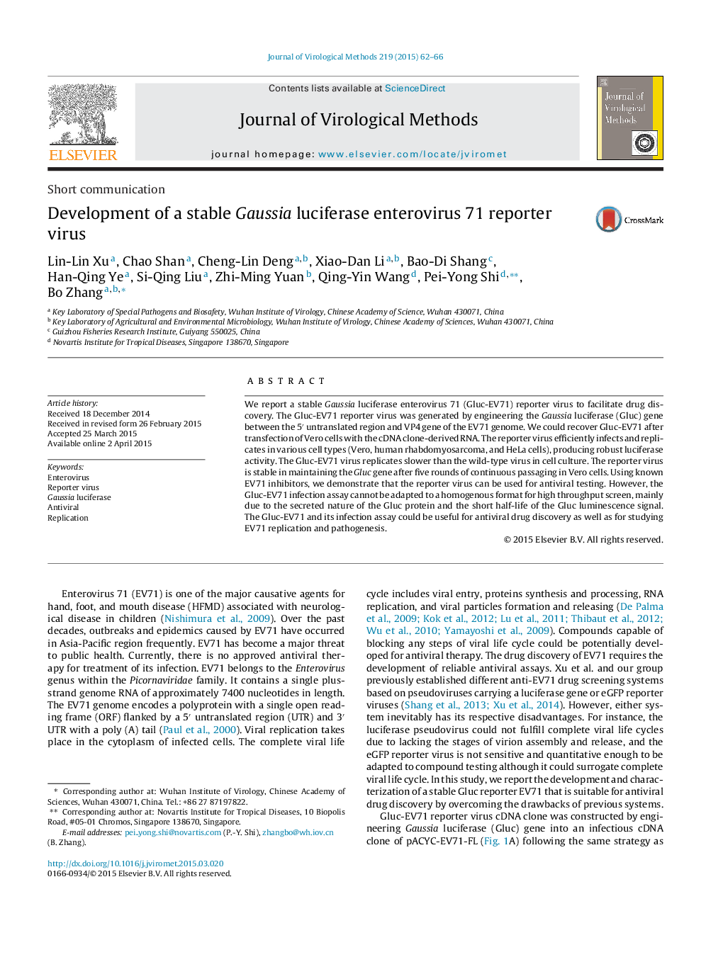 Short communicationDevelopment of a stable Gaussia luciferase enterovirus 71 reporter virus