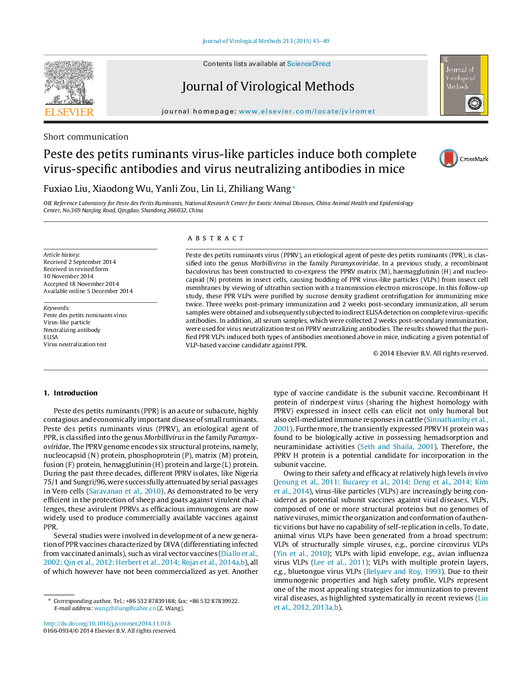 Peste des petits ruminants virus-like particles induce both complete virus-specific antibodies and virus neutralizing antibodies in mice