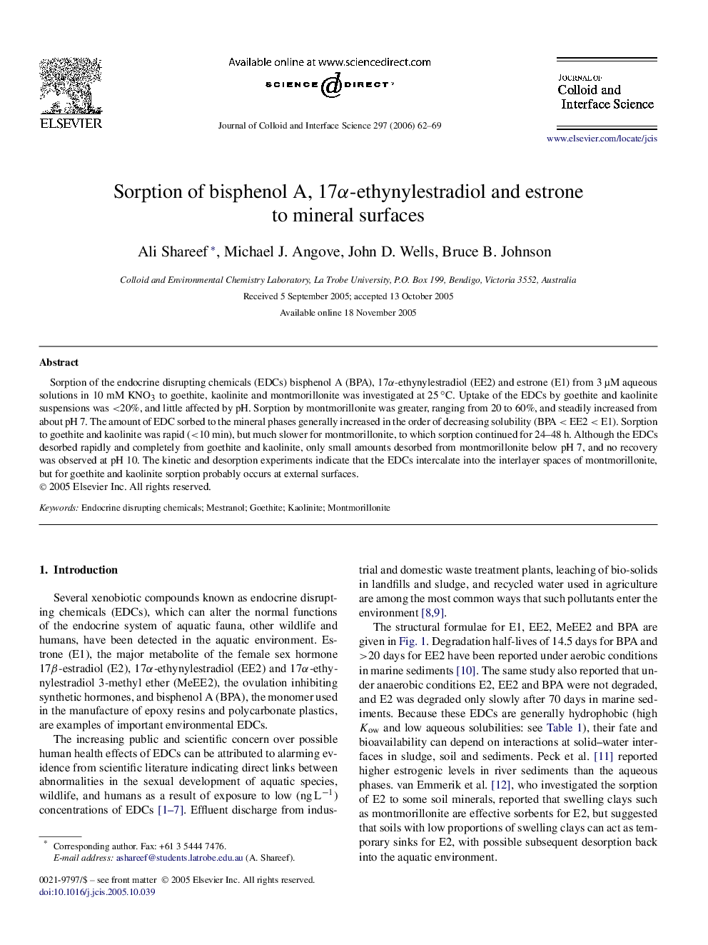 Sorption of bisphenol A, 17α-ethynylestradiol and estrone to mineral surfaces