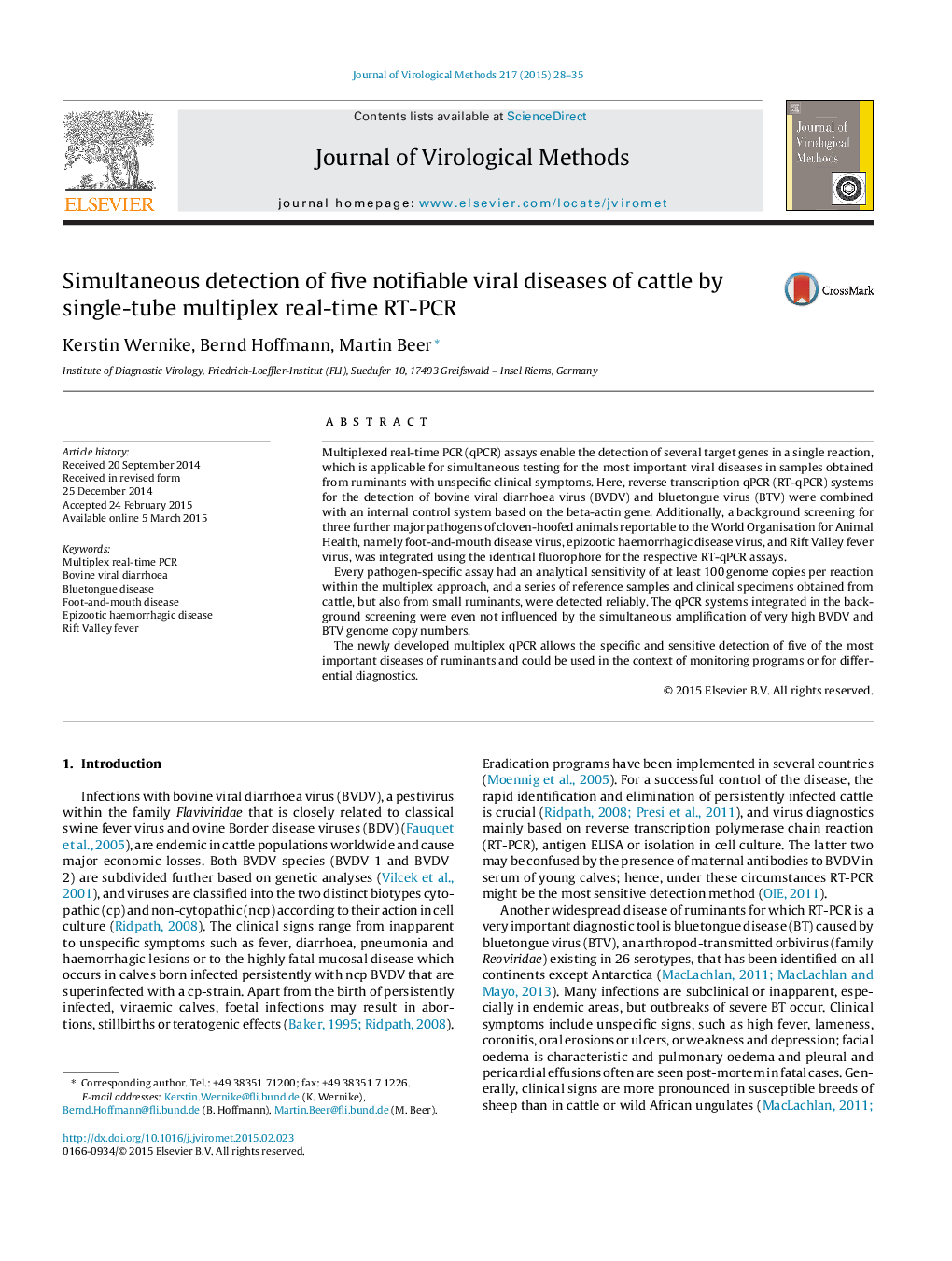 Simultaneous detection of five notifiable viral diseases of cattle by single-tube multiplex real-time RT-PCR