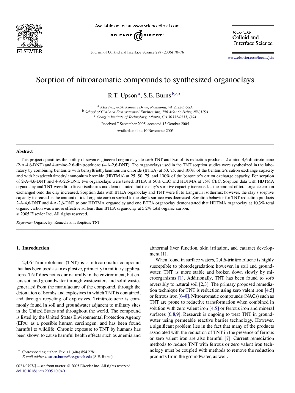 Sorption of nitroaromatic compounds to synthesized organoclays