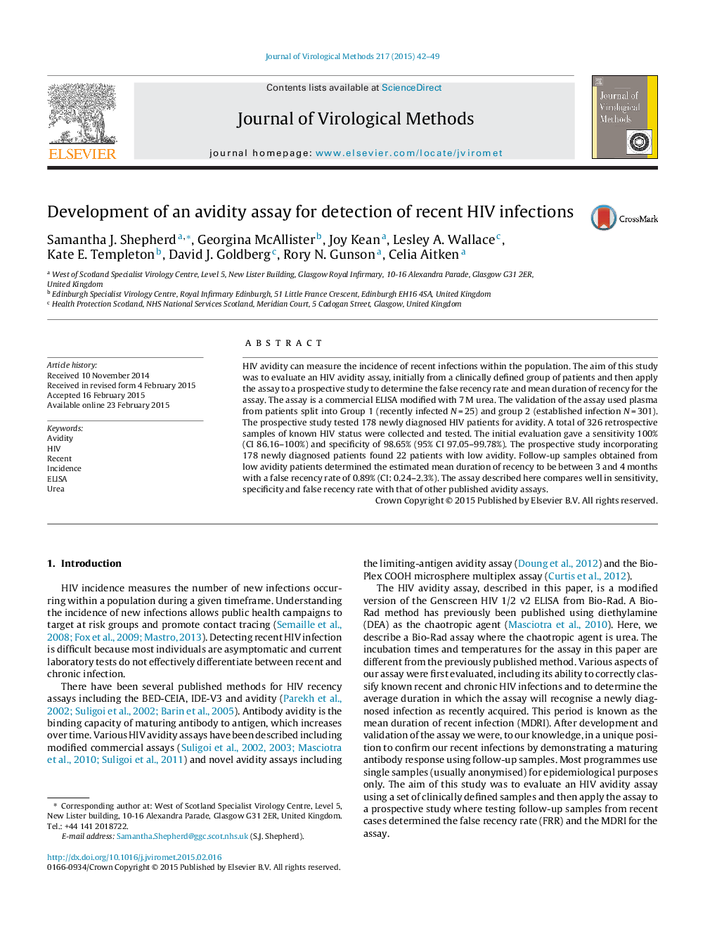 Development of an avidity assay for detection of recent HIV infections