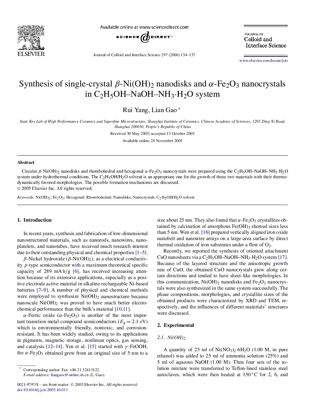 Synthesis of single-crystal Î²-Ni(OH)2 nanodisks and Î±-Fe2O3 nanocrystals in C2H5OH-NaOH-NH3âH2O system