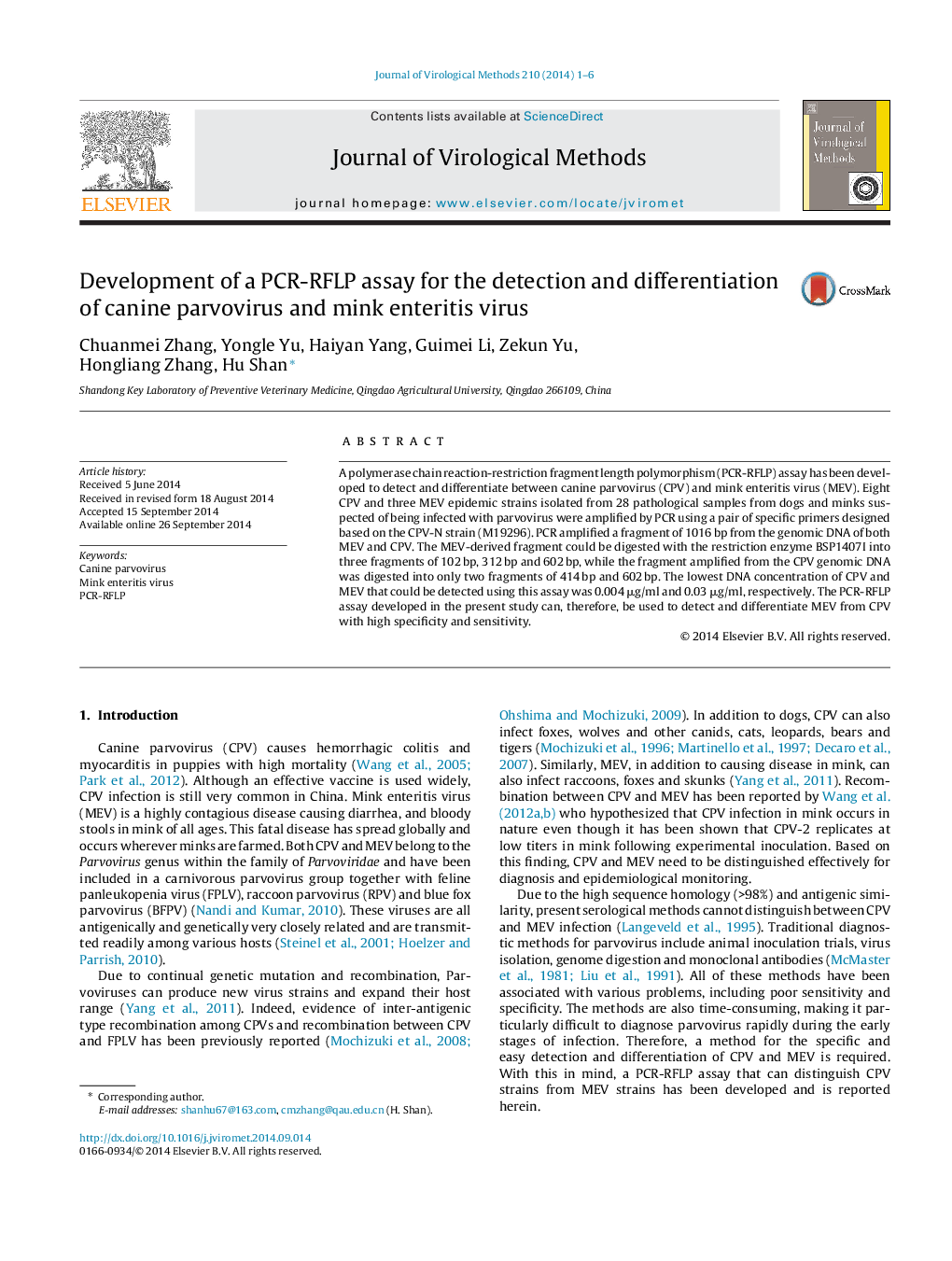 Development of a PCR-RFLP assay for the detection and differentiation of canine parvovirus and mink enteritis virus