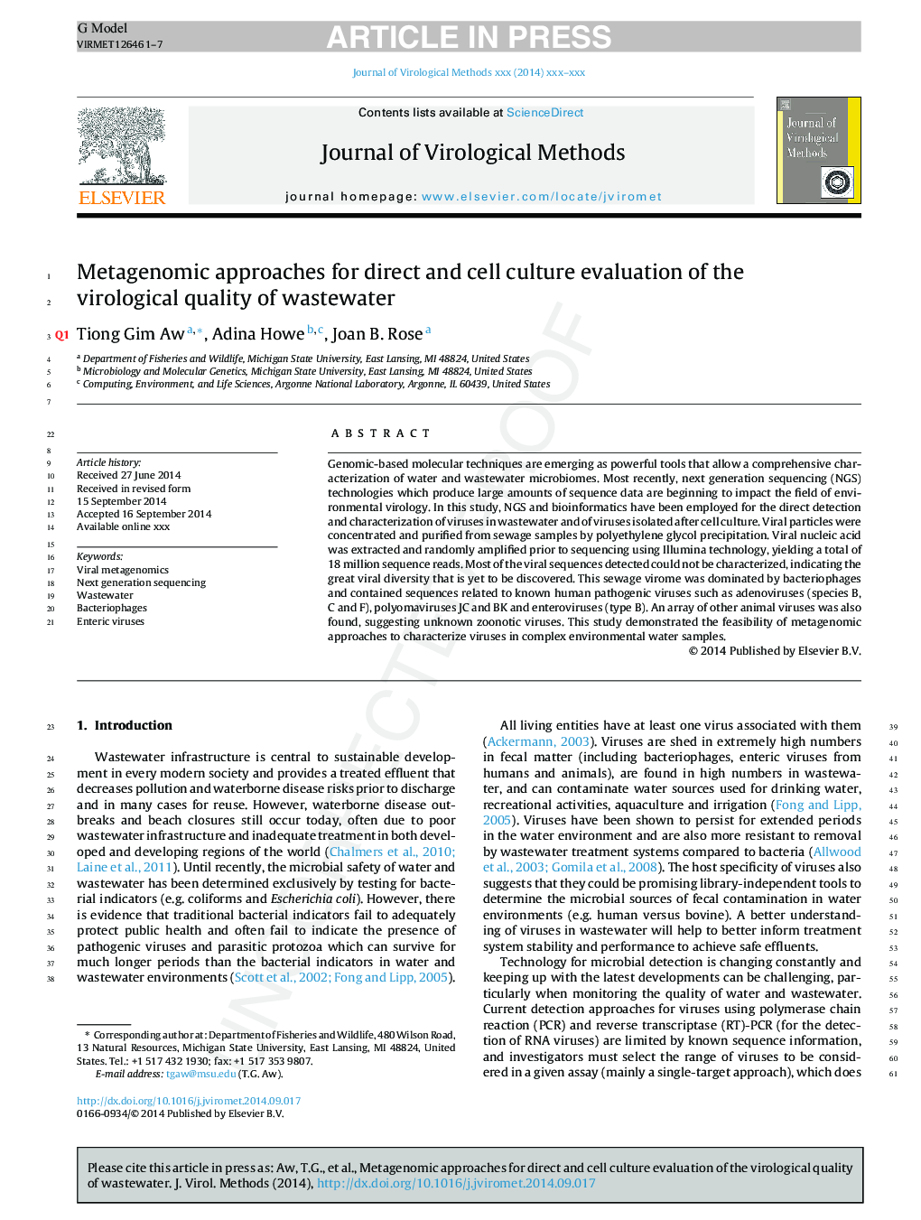 Metagenomic approaches for direct and cell culture evaluation of the virological quality of wastewater