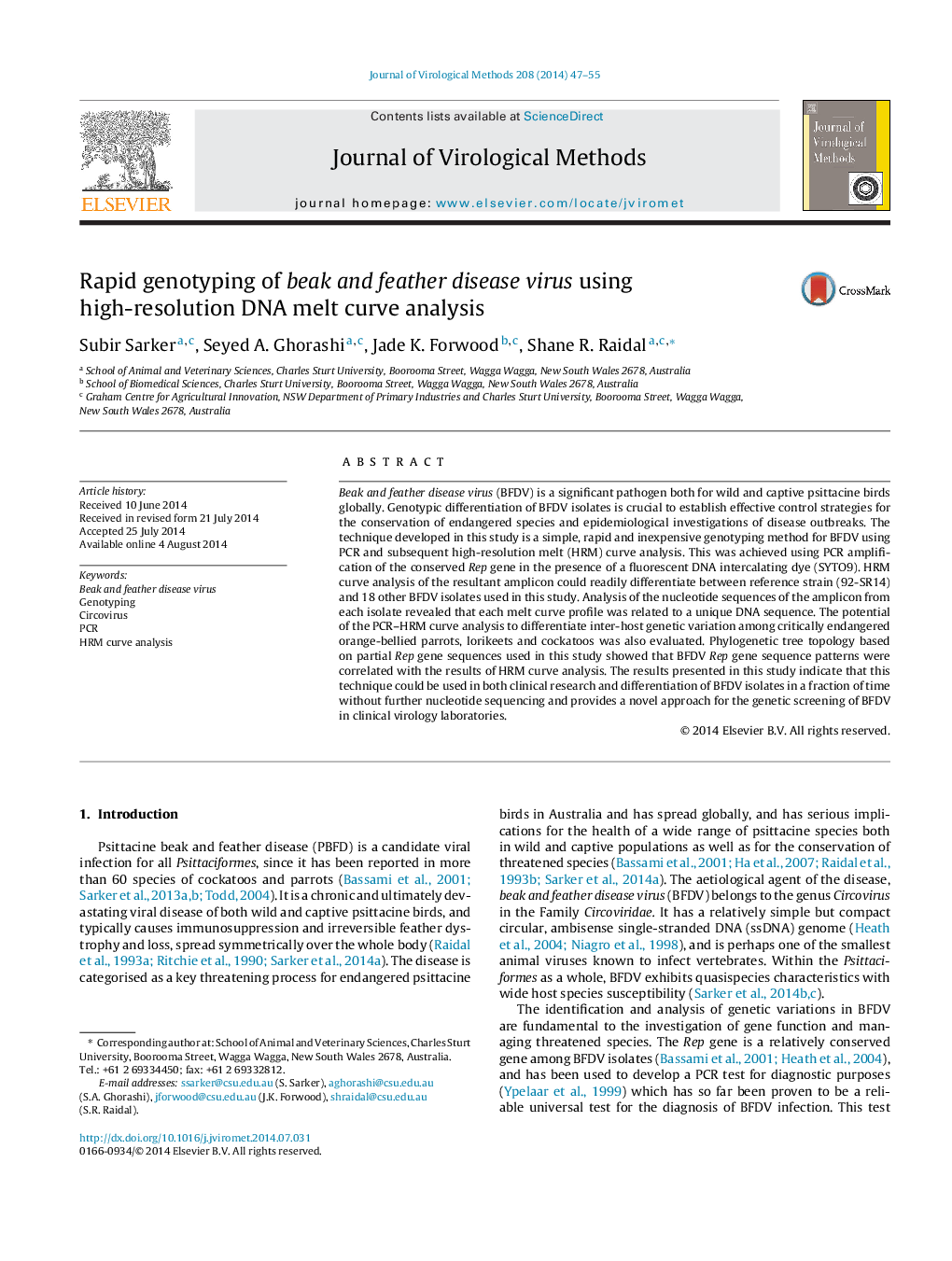 Rapid genotyping of beak and feather disease virus using high-resolution DNA melt curve analysis