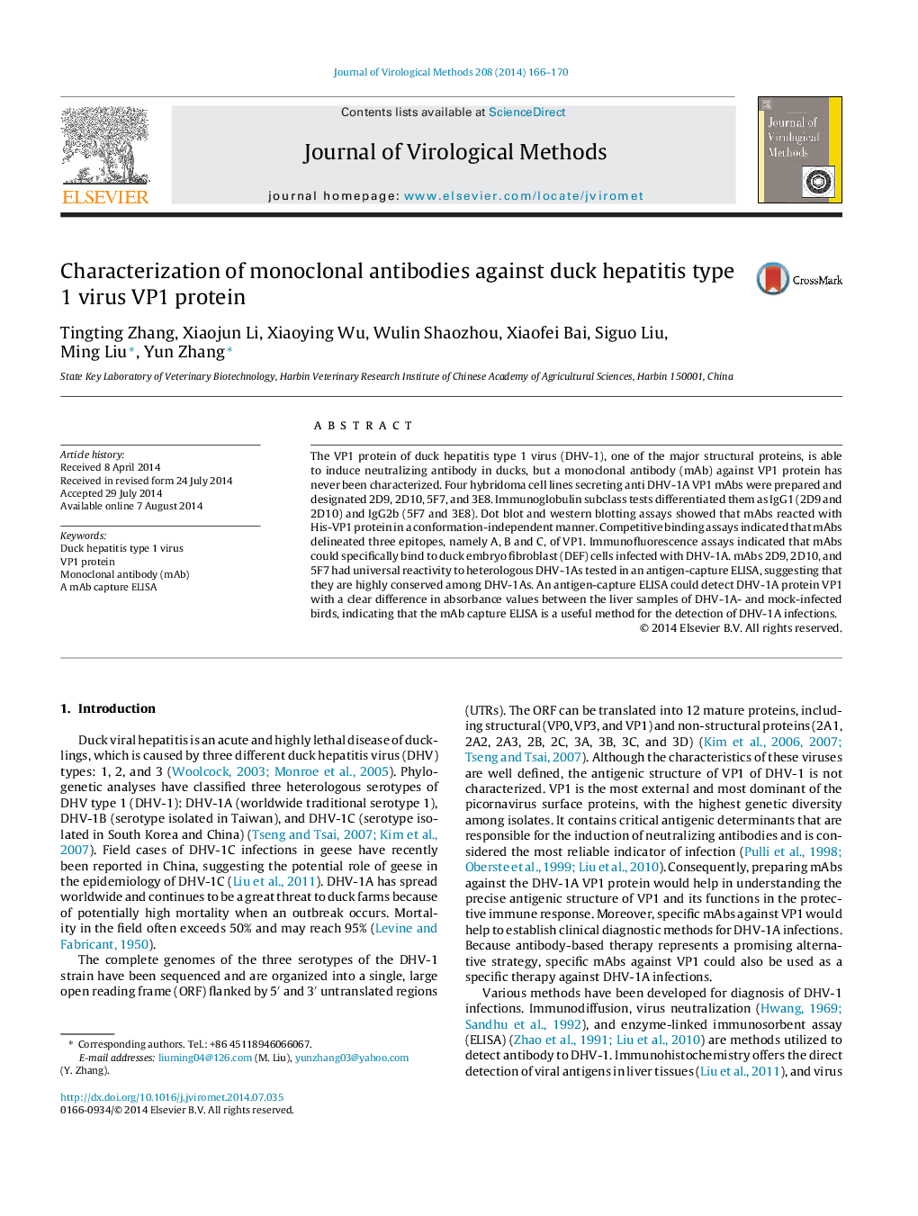 Characterization of monoclonal antibodies against duck hepatitis type 1 virus VP1 protein