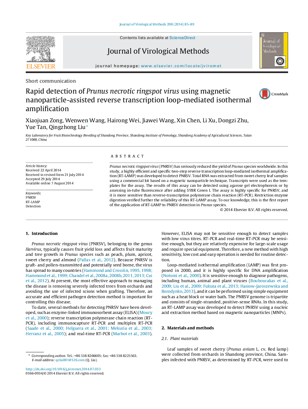 Short communicationRapid detection of Prunus necrotic ringspot virus using magnetic nanoparticle-assisted reverse transcription loop-mediated isothermal amplification