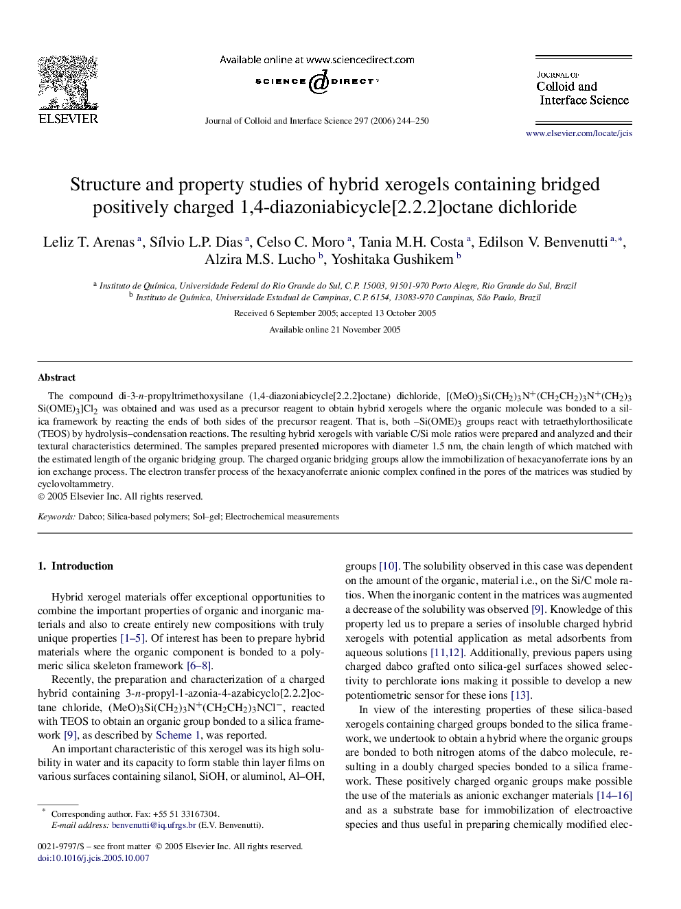 Structure and property studies of hybrid xerogels containing bridged positively charged 1,4-diazoniabicycle[2.2.2]octane dichloride