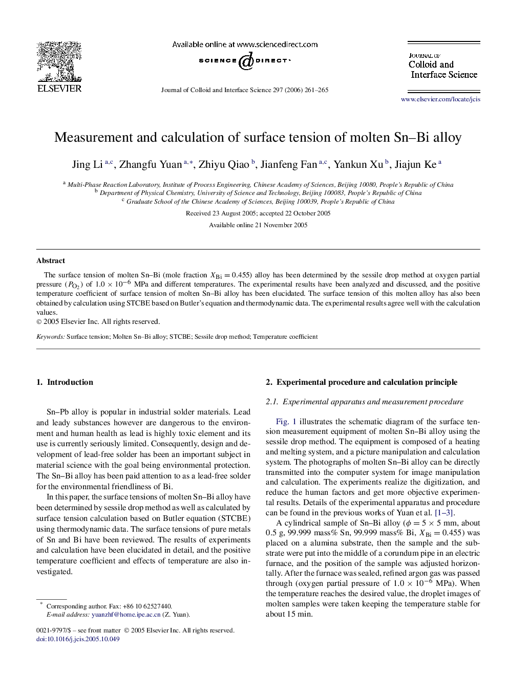 Measurement and calculation of surface tension of molten Sn–Bi alloy