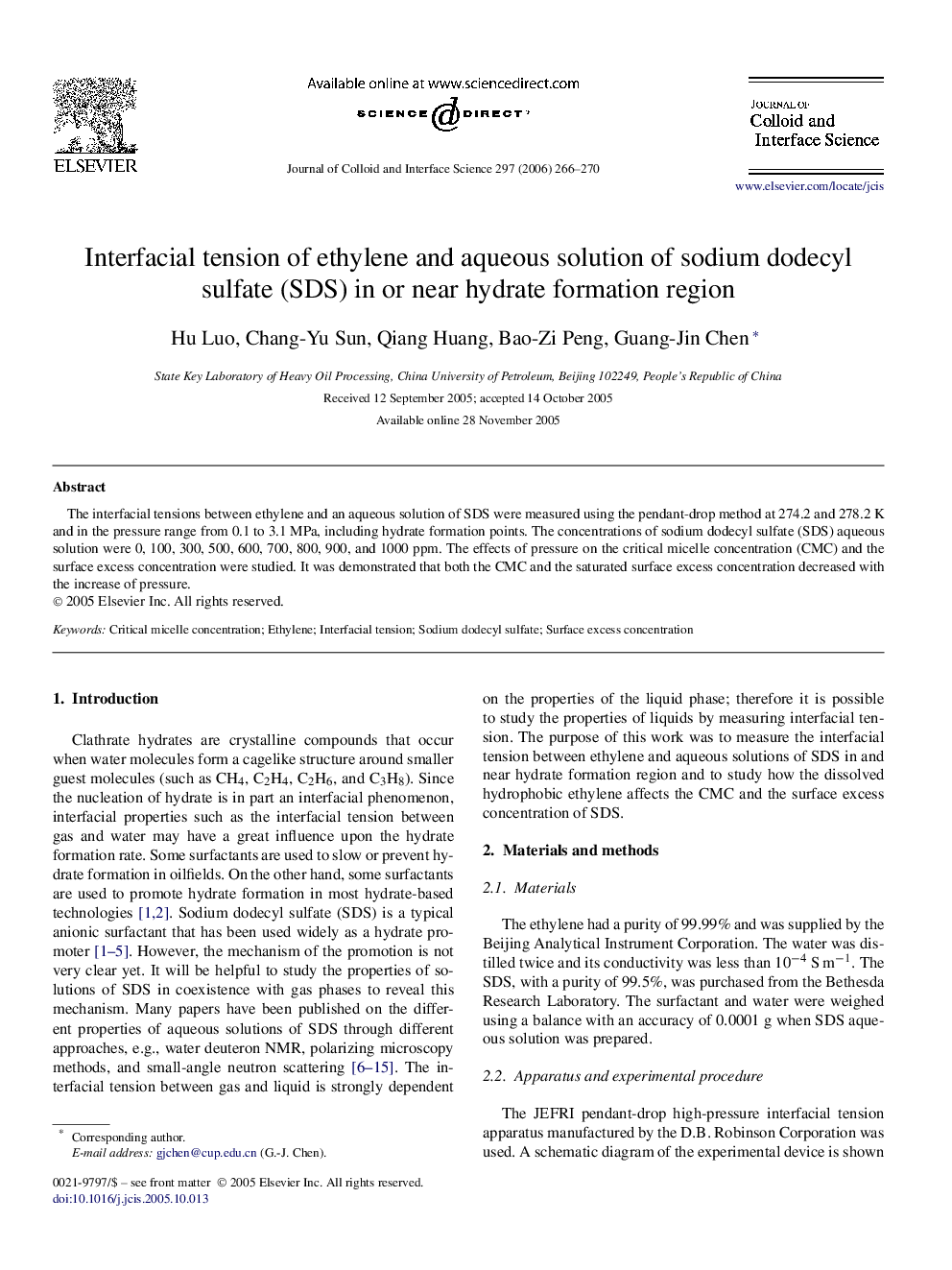 Interfacial tension of ethylene and aqueous solution of sodium dodecyl sulfate (SDS) in or near hydrate formation region