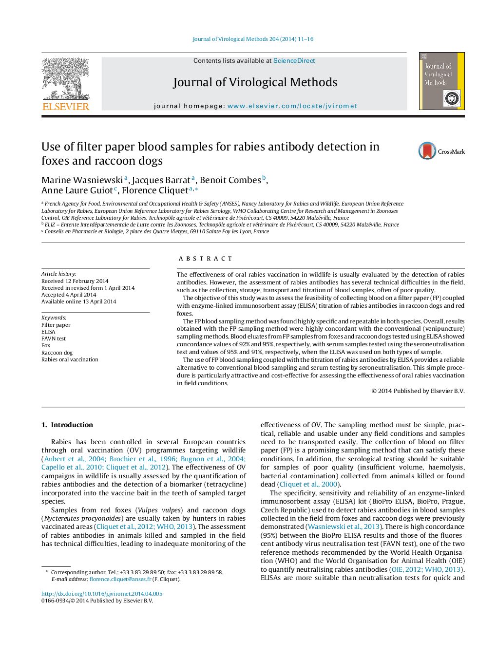 Use of filter paper blood samples for rabies antibody detection in foxes and raccoon dogs