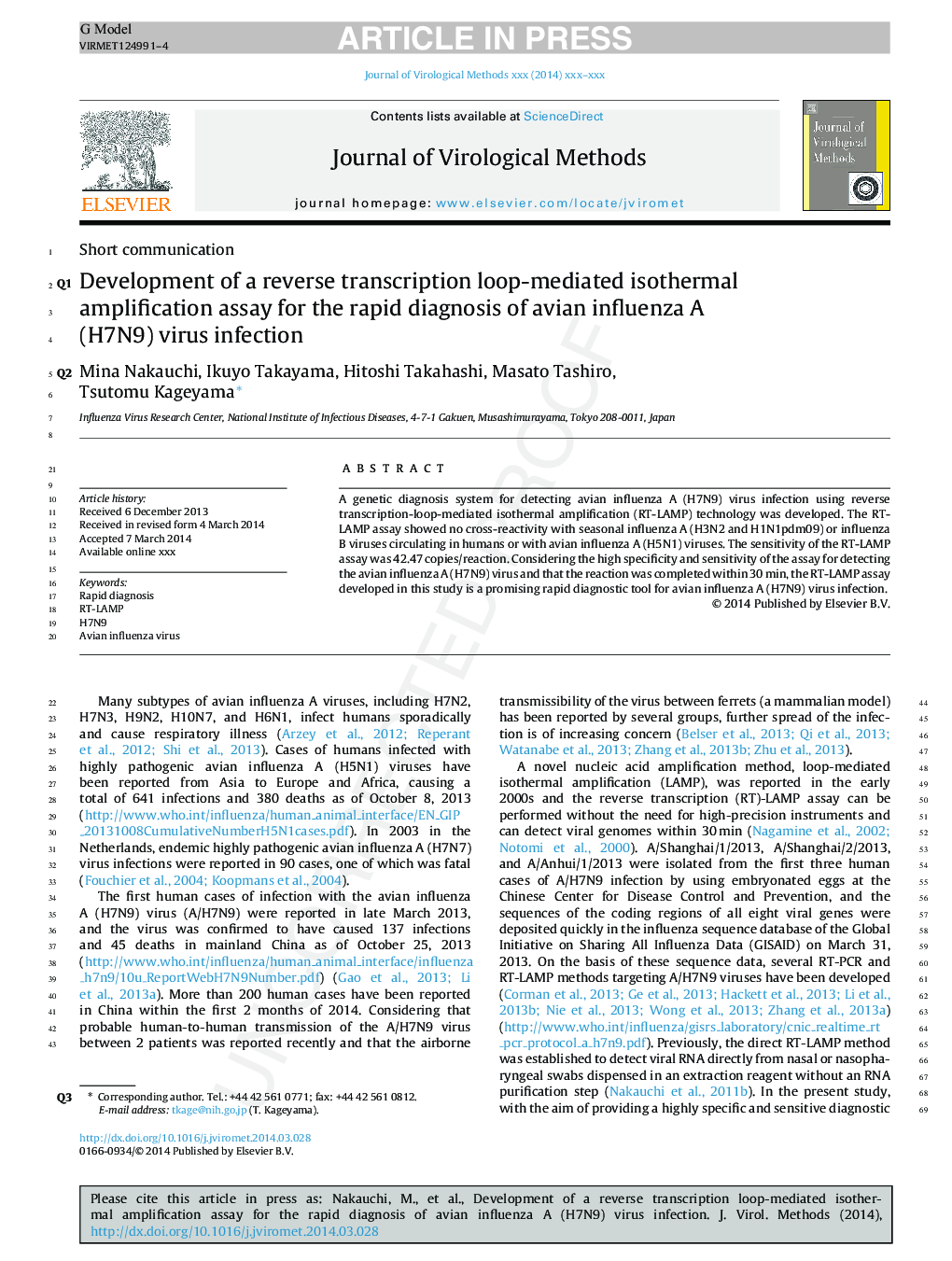 Development of a reverse transcription loop-mediated isothermal amplification assay for the rapid diagnosis of avian influenza A (H7N9) virus infection