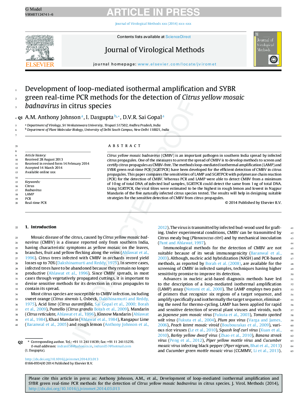 عکس صفحه اول مقاله: Development of loop-mediated isothermal amplification and SYBR green real-time PCR methods for the detection of Citrus yellow mosaic badnavirus in citrus species Development of loop-mediated isothermal amplification and SYBR green real-time PCR methods for the detection of Citrus yellow mosaic badnavirus in citrus species